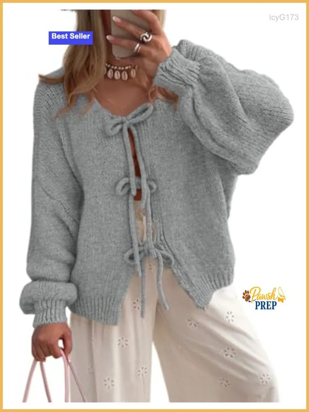 Chunky Cable Knit Tie Front Bow Cardigan, Oversized Puff Sleeve Open Front